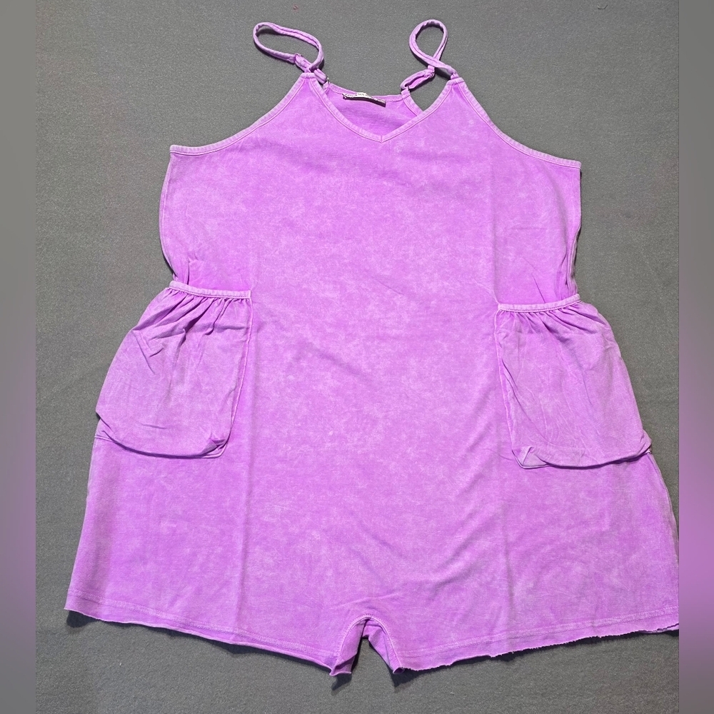 Zenana Romper New In Poly Bag Mineral Wash Lilac Large  PTP 21 Inseam 3 - Picture 2 of 4